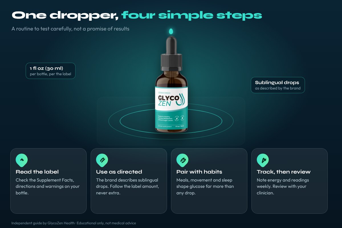 Four-step infographic showing how to use a dropper supplement routine safely
