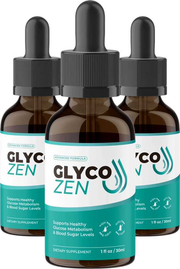 Three bottles of GlycoZen glucose support drops in amber dropper bottles